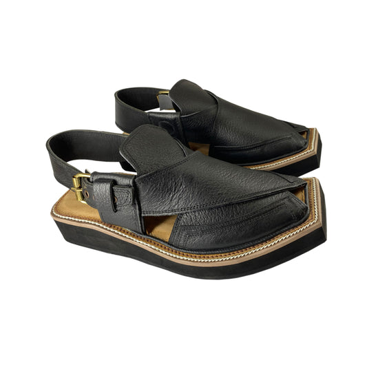 Kaptaan Chappal - Classic Black with Golden Buckle, Premium Leather, and Sweat-Free Comfort