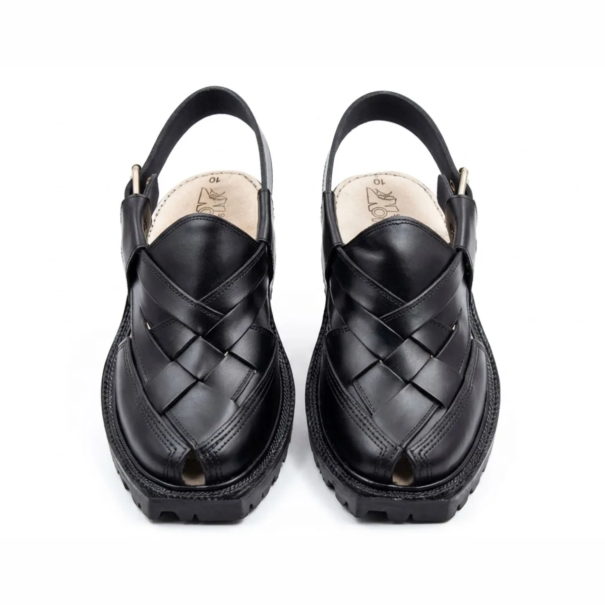 Black Norozi chappal in High Kuram leather with double sole, front view
