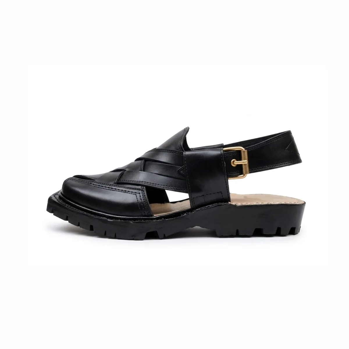 Black Norozi chappal in High Kuram leather with double sole, front view